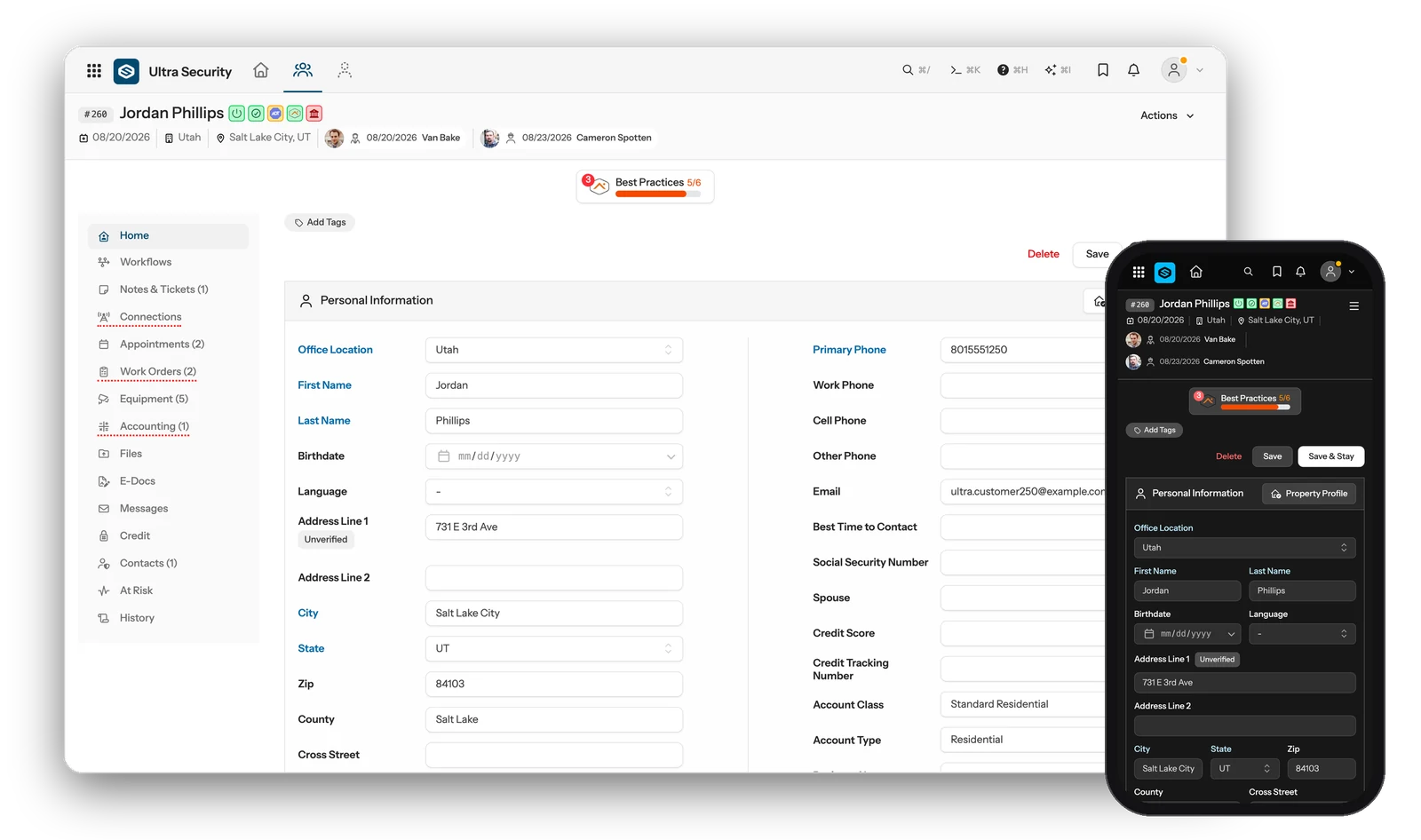 The new SecurityTrax on desktop and phone: a customer record with its central station and interactive services connections, shown here with an Alarm.com account.